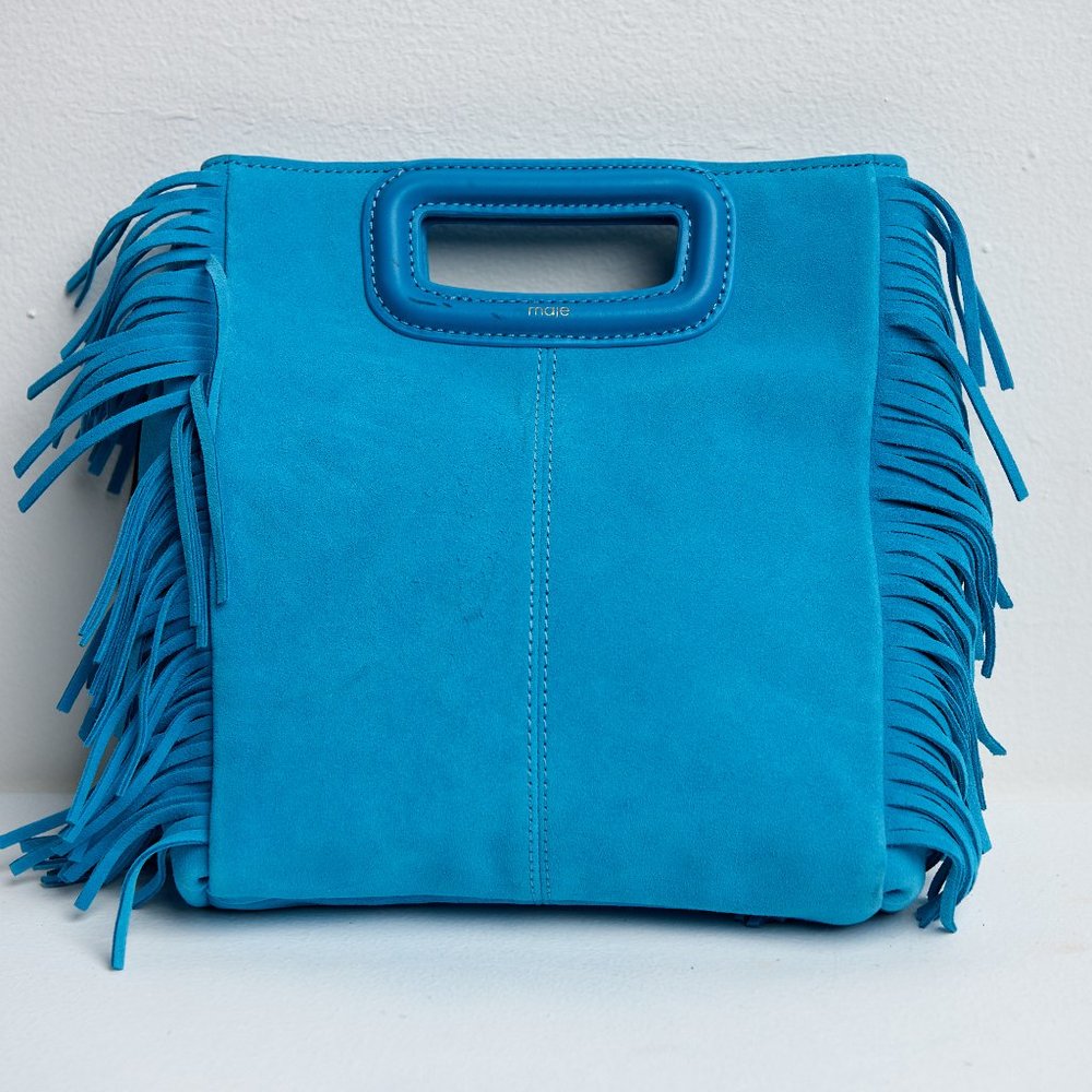 MAJE Paris Light Blue Suede Fringe Clutch